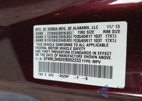 2014 Honda Odyssey Ex-L from USA, damaged, VIN 5FNRL5H6XEB052233